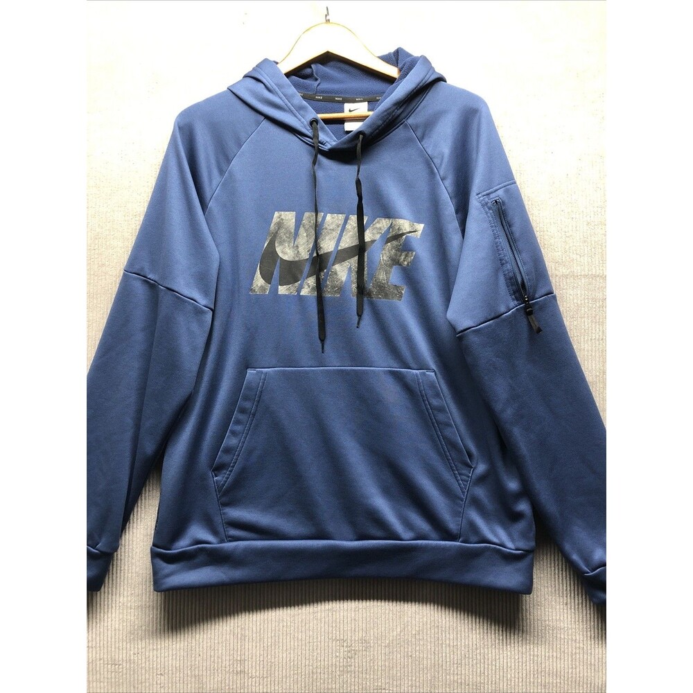 Nike Hoodie Sweatshirt Size Large Blue Pockets Gray Graphic Bicep Pocket